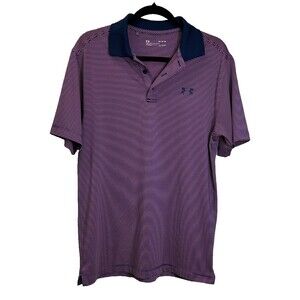 Under Armour HeatGear Polo Shirt Mens M Pink/Navy Striped Golf Loose Performance